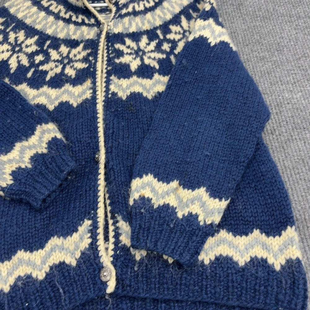Vintage Cardigan Womens L Blue Wool Nordic Fair Isle Snowflake Chunky Boho Style